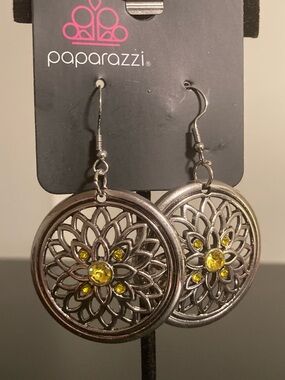 paparazzi Silver-Tone Filigree Drop Earrings with Yellow Crystals